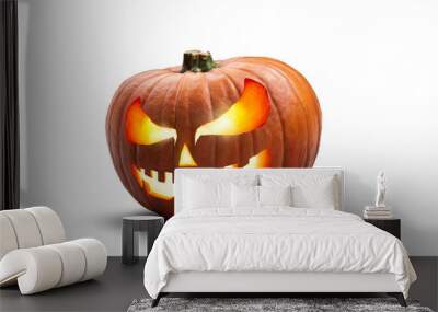 A single lit spooky halloween pumpkins, Jack O Lantern with evil face and eyes isolated against a transparent background. Wall mural