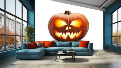 A single lit spooky halloween pumpkins, Jack O Lantern with evil face and eyes isolated against a transparent background. Wall mural