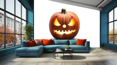 A single lit spooky halloween pumpkins, Jack O Lantern with evil face and eyes isolated against a transparent background. Wall mural