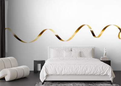 A thin curly gold ribbon for Christmas and birthday present banner isolated against a white background. Wall mural