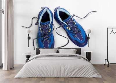 A top view of blue trainers, sneakers Isolated on a flat background. Wall mural