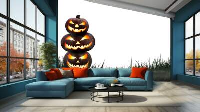 Three lit Jack-o-Lantern, halloween pumpkin lanterns on a dark nighttime grass with an isolated transparent background. Wall mural