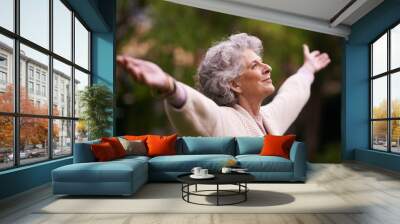 Senior, happy woman and celebrate life in nature, joy or retirement freedom outdoors. Face of elderly female smiling in happiness with arms out enjoying natural environment or vitality outside Wall mural