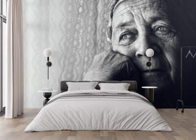 Depressed sad old woman Wall mural