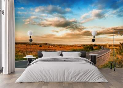 Rural road and blue sky with clouds Wall mural