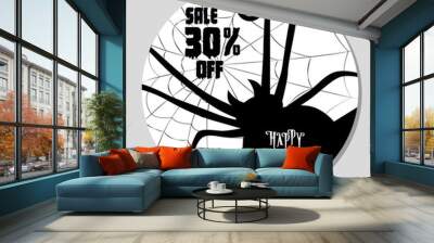 Happy Halloween sale discount banner. Nightmare spider monster in web. Design for concept banner, poster, label or sticker. Cartoon style. Vector illustration. Wall mural