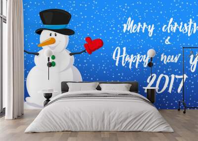 Merry Christmas and Happy New Year 2017 banner. Cute snowman in hat on background snowflakes. Hand drawn lettering. Cartoon style. Concept design poster, greeting card or flyer. Vector illustration Wall mural