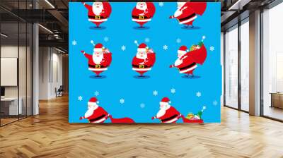 Vector set design elements funny Santa Claus different character with gifts bag isolated on blue background Wall mural