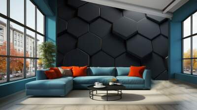 Abstract dark hexagon pattern on black grey neon background technology style. Modern futuristic honeycomb concept. Wall mural