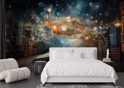 opened magic book with magic light, on blurred library background Wall mural