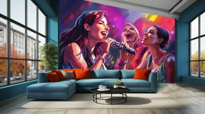 Party, holidays, celebration, nightlife and people concept - Happy young women singing karaoke in night club Wall mural