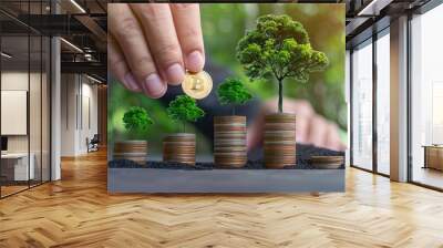 Saving money concept preset with Male hand putting money coin stack growing graph,investment concept.tree growing on coin,Business Finance and Save Money concept Wall mural