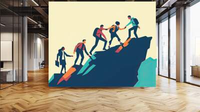 Silhouette group of young man celebrating success on top mountain, sky and sun light background. Business, teamwork, achievement and people concept. Vector illustration. Wall mural