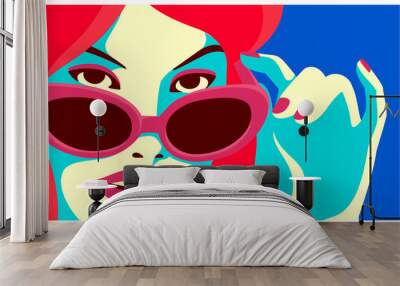 Cheeky redhead woman looking over sunglasses and smiling fashion minimal pop art style flat design vector illustration Wall mural