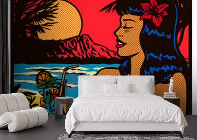 Pop art comic book style girl wearing swimsuit woman relaxing and enjoying holidays and mojito cocktail in a tropical paradise island beach vector illustration Wall mural