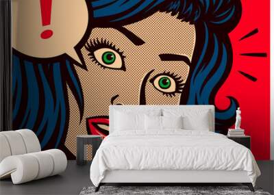 pop art style comics panel surprised girl with blank expression and speech bubble with exclamation m Wall mural