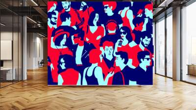 stylized silhouette of crowd of people, casual mixed group of young adults hanging out, chatting or  Wall mural