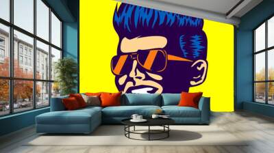 Vintage retro cool dude man face head wearing aviator sunglasses rockabilly pompadour haircut vector Wall mural