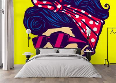 Vintage retro cool girl face head wearing sunglasses rockabilly hairstyle vector Wall mural