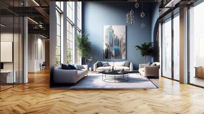 A modern living room, in a minimalist millenium crib, high ceiling and filled with warm blue and khaki colour as the wall blend in with the design of the furniture.	 Wall mural