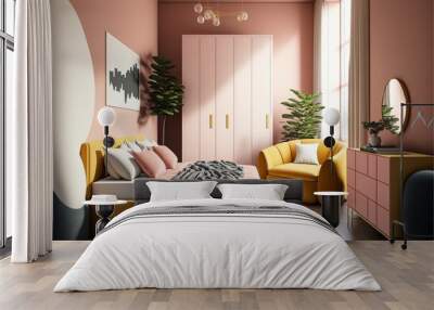 realistic diagrammatic view 3d render photo of a harmonious and joyful style bedroom with a wardrobe and a dark pink main wall Wall mural