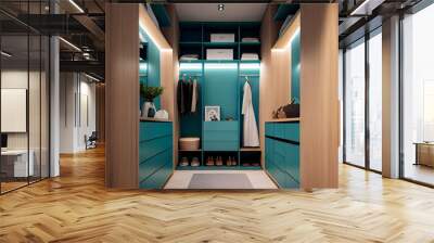 realistic front view of a modern walk-in closet  cabinet in warm blue mate uppers cabinet in wood and shelfs Wall mural