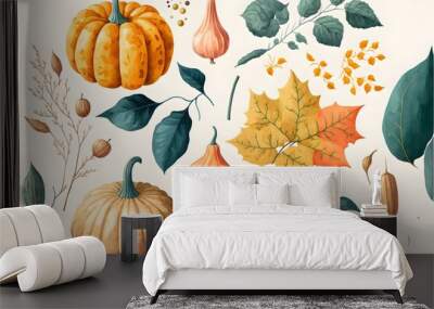 Set of colorful autumn leaves and pumpkins. watercolor generative ai created art and collection Wall mural