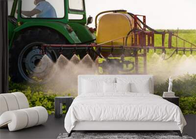 Tractor spraying soy field in sunset. Wall mural