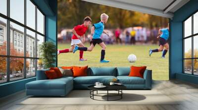 Young children players football match on soccer field Wall mural