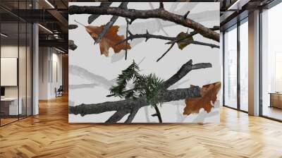 Realistic winter forest camouflage. Seamless pattern. Conifer and oak branches and leaves. Useable for hunting and military purposes.    Wall mural