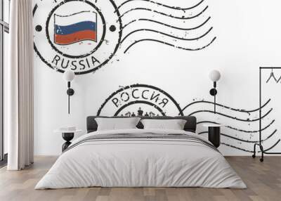 Two postal grunge stamps 'Russia' with the flag and two-headed eagle. Latin and cyrillic inscription. Wall mural