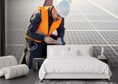 A worker on the rooftop picking screws from toolbox to install solar panels. Wall mural