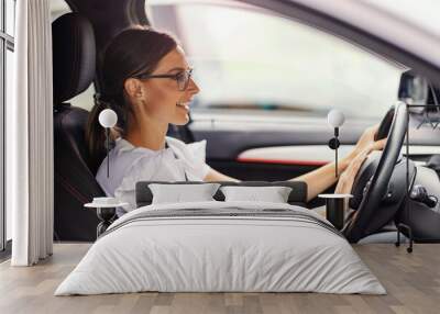 A young woman in a car got stacked in traffic. A woman pressing a horn and giving a signal to the other drivers. Woman in a car Wall mural