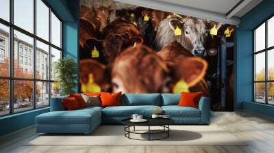 Beefs standing in herd in barn. They are eating and looking at camera. Ordinary day at organic farm. Wall mural