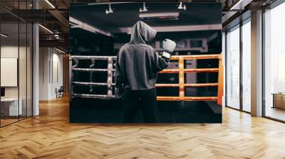 Boxer girl with hoodie and boxing gloves on standing in ring with backs turned. One hand lifted up. Wall mural