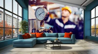 Close up of clock on boiler showing pressure on boiler. In background is worker working. Selective focus on clock. Wall mural