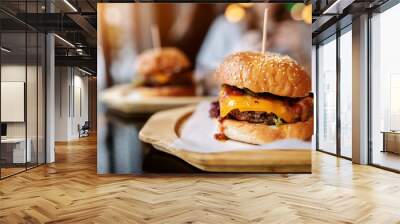 Close up of delicious burger on plate. Unhealthy eating concept. Wall mural