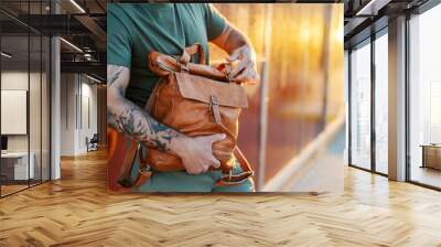 Close up of hands opening rucksack on a street. Wall mural