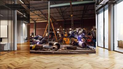 Front view of a industry work space with people in protective uniform cutting metal pipes. Wall mural