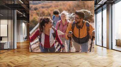 Hikers climbing the hill. Wall mural