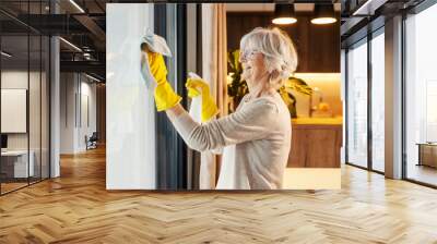 Neat senior woman is cleaning windows at home with detergent and cloth. Wall mural