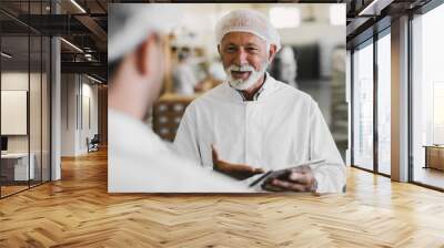 Picture of mature business man in sterile clothes talking with his colleague. Standing in food factory and talking about business.. Wall mural