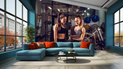 Portrait view of young smiling attractive healthy fitness sporty active slim girl consulting with her pretty female personal trainer while holding clipboard and pencil in the gym. Wall mural