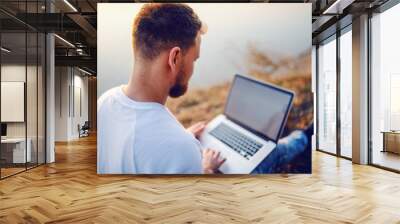 Rear view of handsome bearded blond caucasian man sitting on cliff and using laptop for internet surf. Wall mural