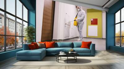 Sanitizing interior surfaces. Cleaning and Disinfection inside buildings, the coronavirus epidemic. Professional teams for disinfection efforts. Infection prevention and control of epidemic.  Wall mural