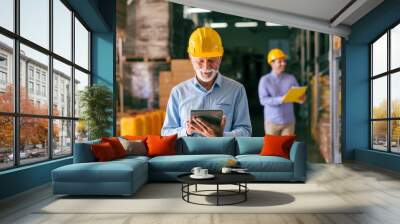 Senior adult bearded businessman with helmet on head using tablet while standing in warehouse. In background his younger colleague holding folder. Wall mural