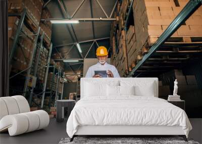 Senior worker using tablet and standing in storage. Protective helmet on head. Wall mural