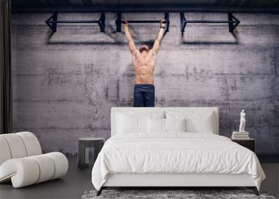 Shirtless man doing pull ups in the gym. When you lose all excuses, you'll find results. Wall mural