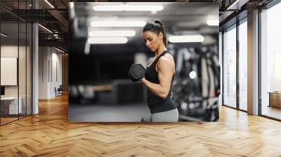 Side view of a strong woman with big muscles doing workouts in a gym with dumbbells. Wall mural