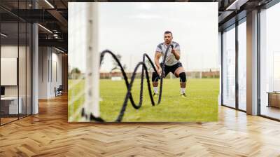 Soccer player doing exercises on the field. He is doing exercises with battle ropes. Wall mural